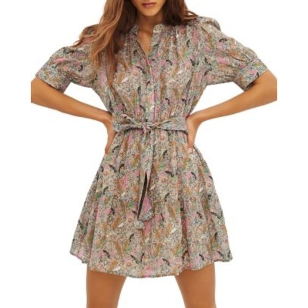 ba&sh Jasmine Floral Belted Shirt Mini Dress Ecru 2 NEW! $280